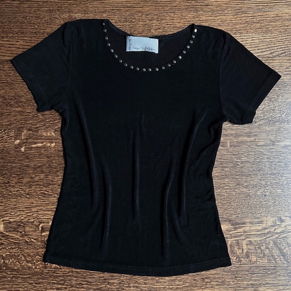 Vintage Tops - Studded Collar Top, 80s 90s Black Top with Silver Studs, Rivet Neckline